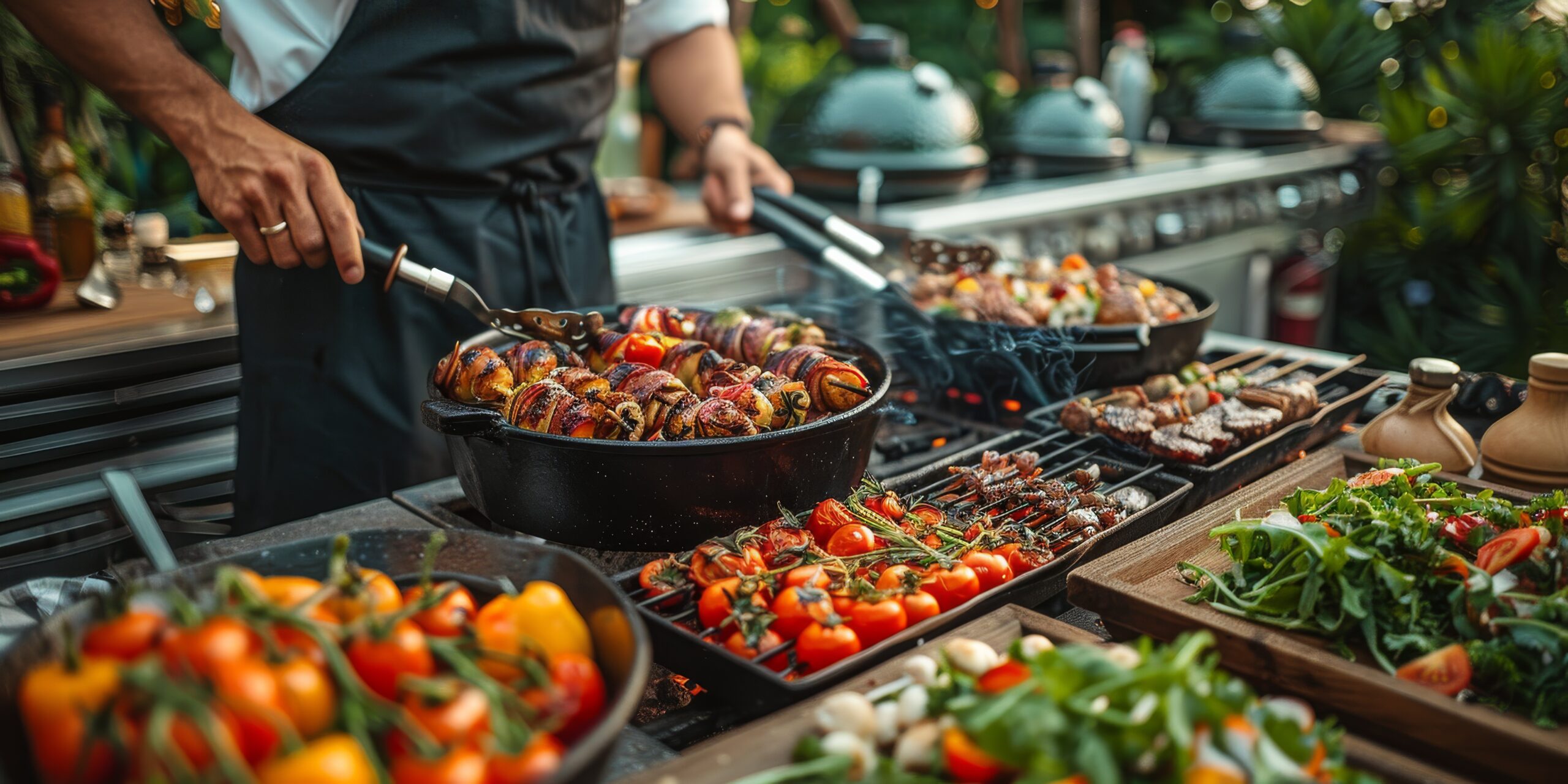 A man is preparing a meal in a frying pan on a grill, focusing on cooking food. The activity involves ingredients, recipes, and natural foods